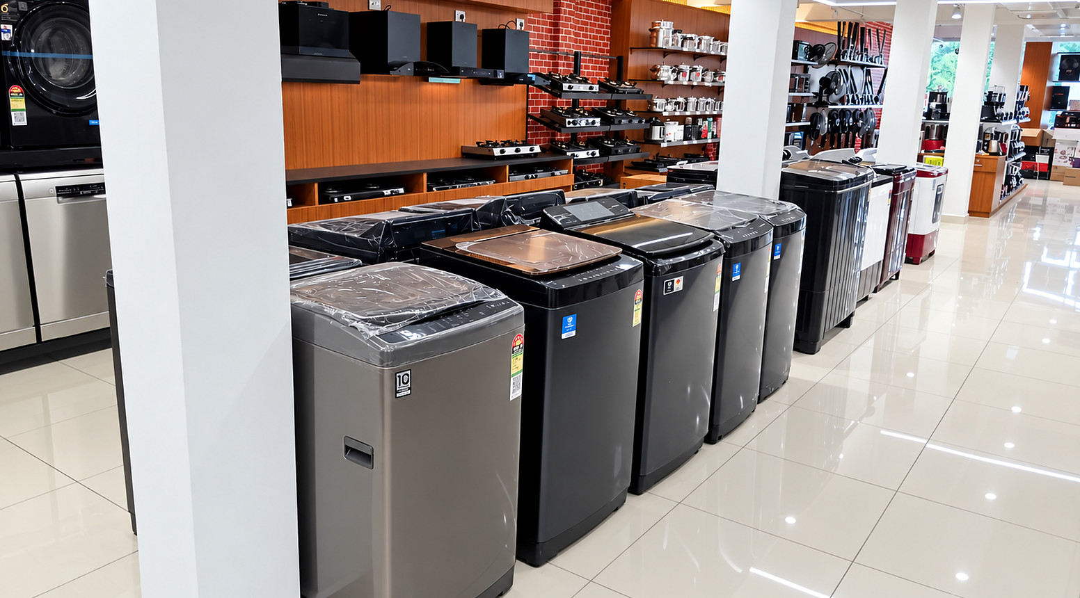 Open and bright retail floor at Poorvika Appliances Guduvanchery with washing machine display aisles